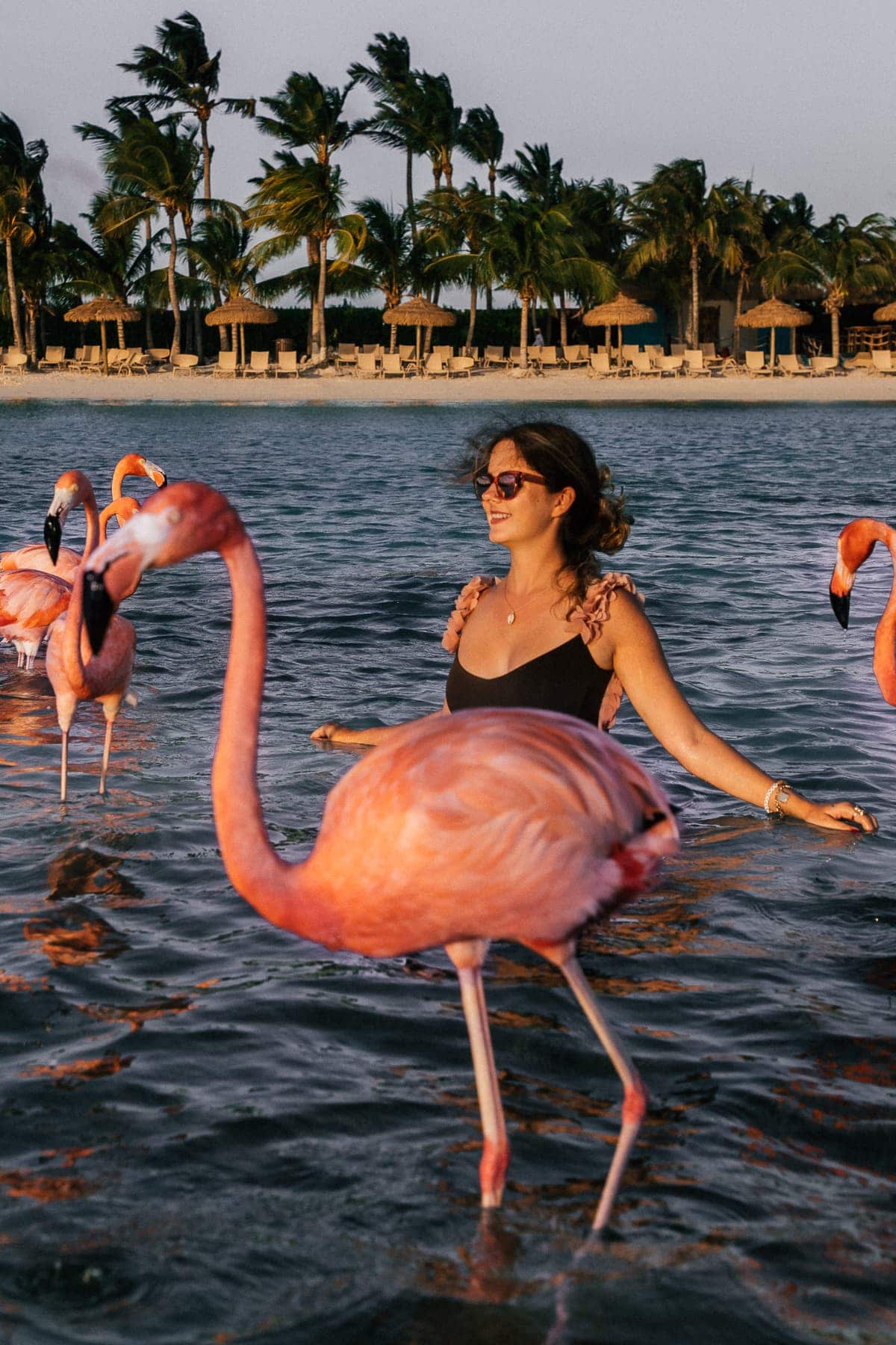 Julia mit Flamingos auf Aruba